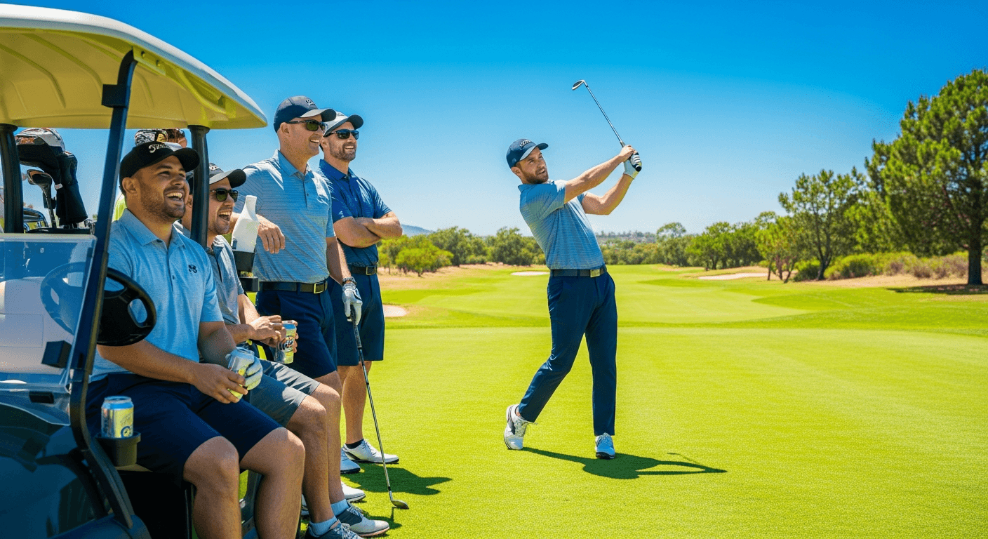 Friends enjoying a round of golf on a sunny day during a bachelor party